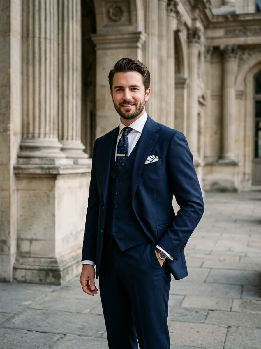Floating half-canvas chest piece tailoring inside a J. Stevens navy suit