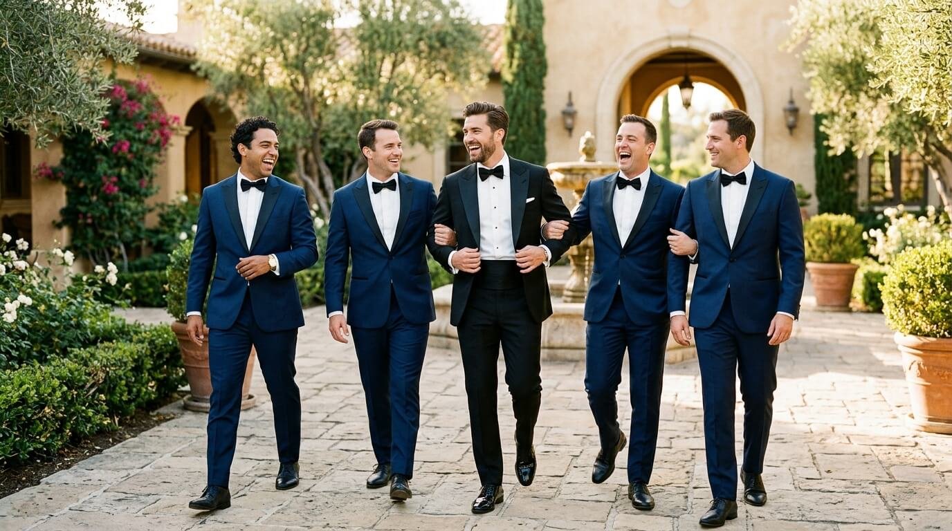 Groom and groomsmen celebrating in canvassed tailored tuxedos and suits